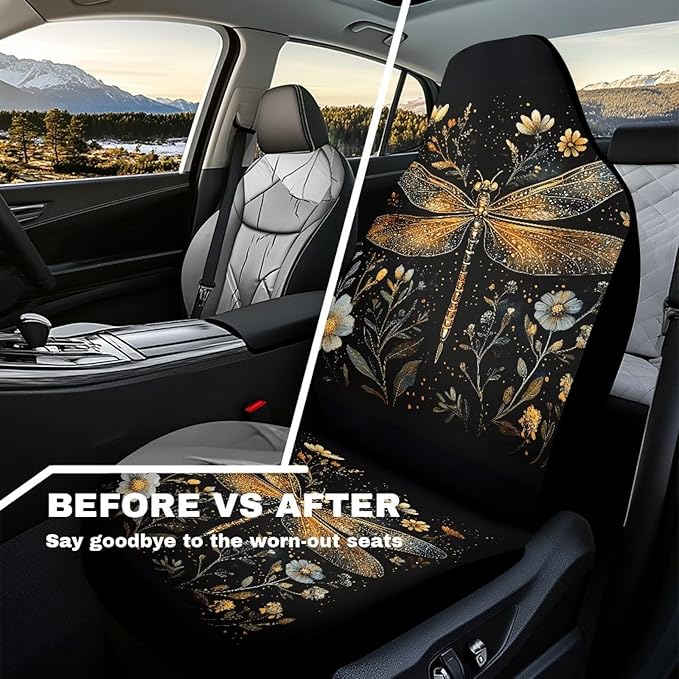 Fashion Dragonfly Car Seat Covers Universal Front Car Seats Waterproof Anti-Slip Back Fabric Removable Automotive Accessories Suitable for Cars, SUV and Trucks