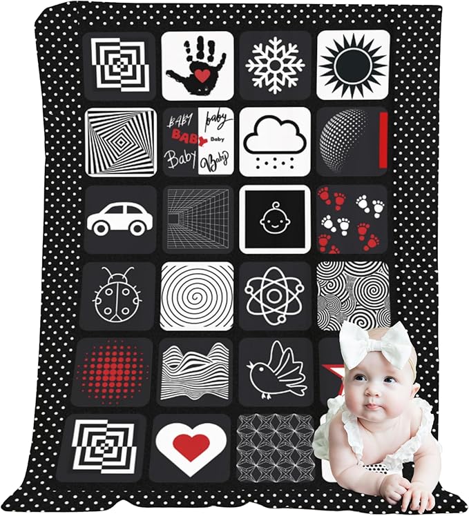 Baby Tummy Time Mat – High Contrast Black White Red Sensory Play Blanket for Newborn Visual Development, Infant Floor Play Area with Sherpa Backing, 50” x 60”