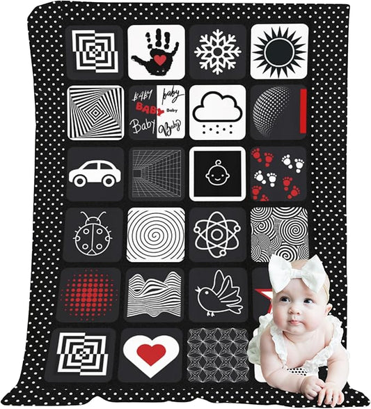 Baby Tummy Time Mat – High Contrast Black White Red Sensory Play Blanket for Newborn Visual Development, Infant Floor Play Area with Sherpa Backing, 50” x 60”