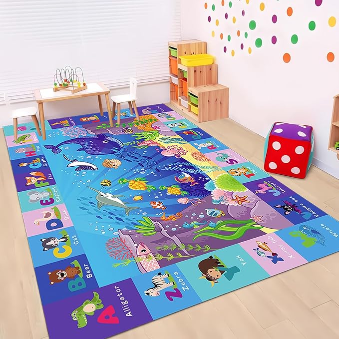 Baby Mat for Floor-Underwater World Play Rug, ABC Kids Rugs for Playroom, Ocean Playmat Crawling Tummy Time Mat, Non-Toxic Non-Slip Foldable Mats (59X39.4 INCH)