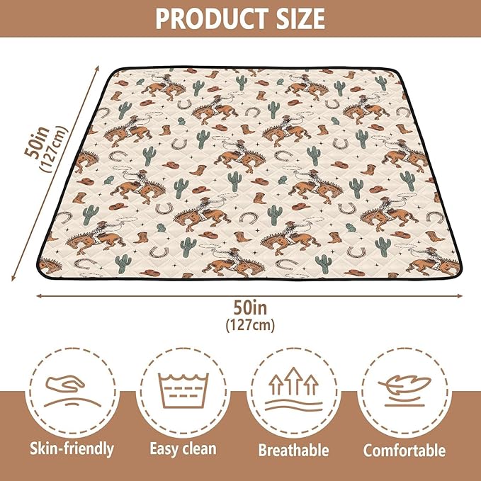 Baby Play Mat Cactus Cowboy Horse Plant 50" X 50" Play Gym Crawling Mat Soft Non-Slip Portable Picnic Floor Mat for Infant, Babies, Toddler, Kids