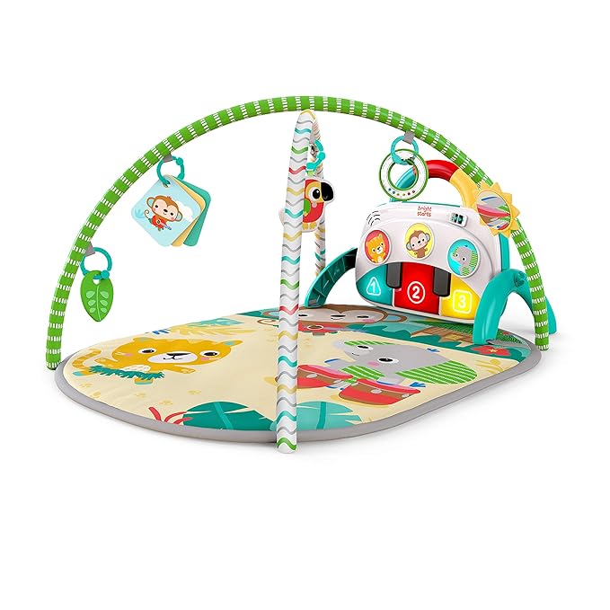 Bright Starts 4-in-1 Groovin’ Kicks Piano Gym, Tummy Time Play Mat & Activity Baby Toys, Green - Tropical Safari, Newborn to Toddler