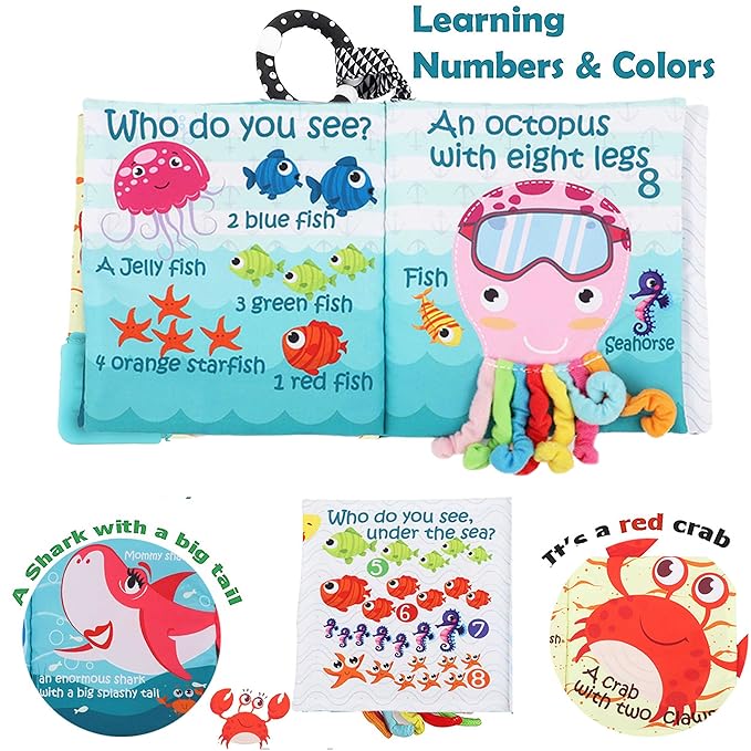 Fish Baby Books Toys, Touch Feel Cloth Crinkle Books for Babies,Baby Infant Toys 0-6, 6-12,12-18 Months,Early Learning Education, Easter Baby Gifts Shower for Boys Girls, Teething, Mirror,Shark Ocean