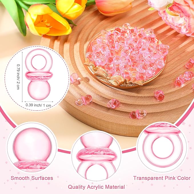 Roowest 51 Pcs Pacifier Hunt BabyShower Games Include Wooden Hunt Sign and 50 Acrylic Mini Plastic Pacifiers for BabyShower Game Decoration Gift Sets Gender Reveal Party(Bear,Pink)