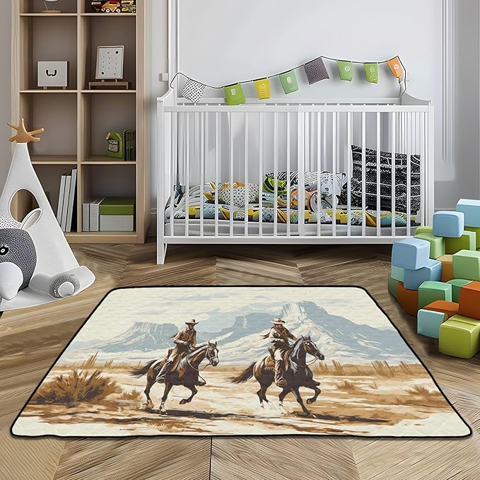 Western Cowboys Baby Play Mat for Floor 50" X 50" Foldable Waterproof Non-Slip Playmat for Baby Playpen Quilted Crawling Mats Game Rug