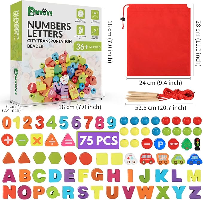 BMTOYS Wooden Lacing Toy Alphabet Number Threading Beads for Boys Girls Age 3 4 5 6 Montessori Educational Learning Birthday Gift