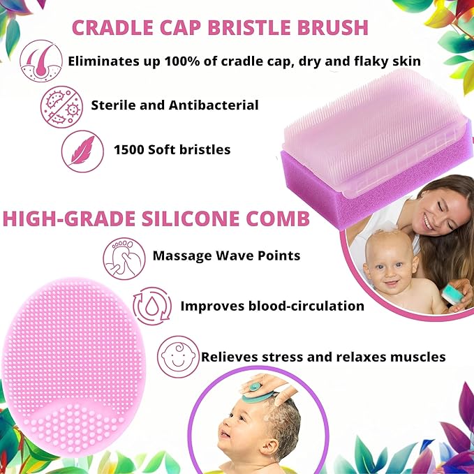 Cradle Cap Brush for Babies - Cradle Cap Treatment | Baby Sponge for Bathing | Baby Brush and Comb Set Newborn | Baby Comb & Scalp Scrubber (Set of 6 - Pink)