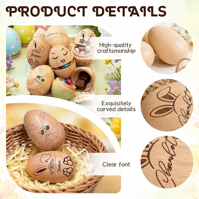 Personalized Musical Easter Egg Shaker 2026, Custom Engraved Wooden Easter Eggs Gifts for Kids Baby (Hollow Customizable Wooden Eggs)