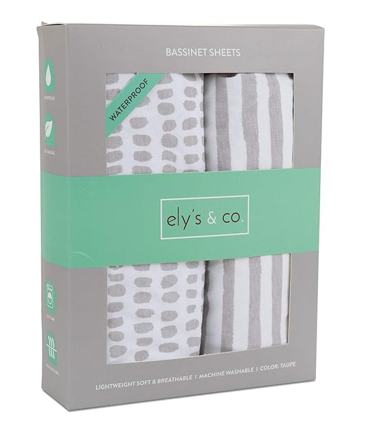 Ely's & Co. Patent Pending Waterproof Bassinet Sheet, No Need for Bassinet Mattress Pad Cover, 2 Pack Neutral Taupe Grey Splash & Stripes,for Baby Girl and Boy