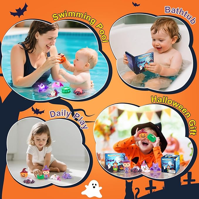 Halloween Light Up Bath Toys for Toddlers Kids, 7PCS No Hole Bath Toys with Magic Book, Witch,Cauldron,Bat, Ghost, Pumpkin, Spider, Halloween Party Favors Treat Bags Gift for Boys Girls Ages 3+