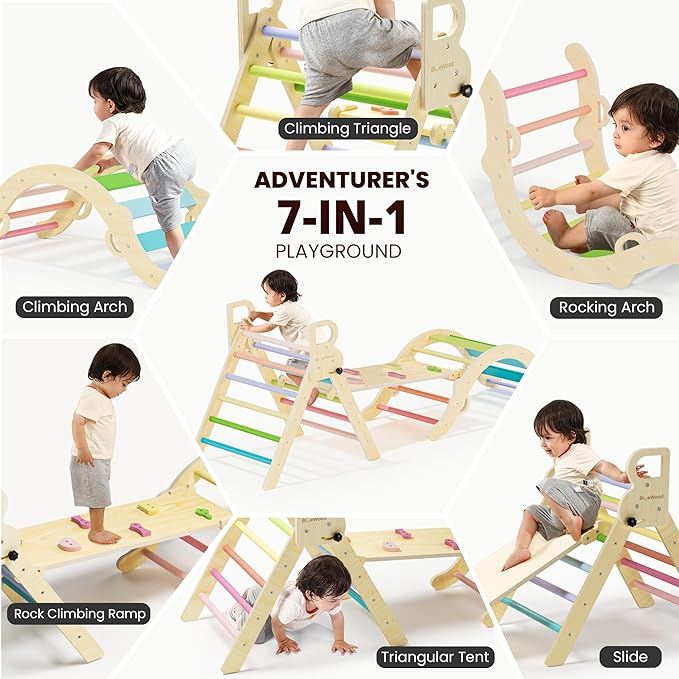 BlueWood Pikler Triangle Set, Toddler Wooden Climbing Toys Indoor 7in1 Foldable Climber for Kids, Montessori Philosophy Play Jungle Gym with Arch, Ramp, Ladder (Colorful Spring)