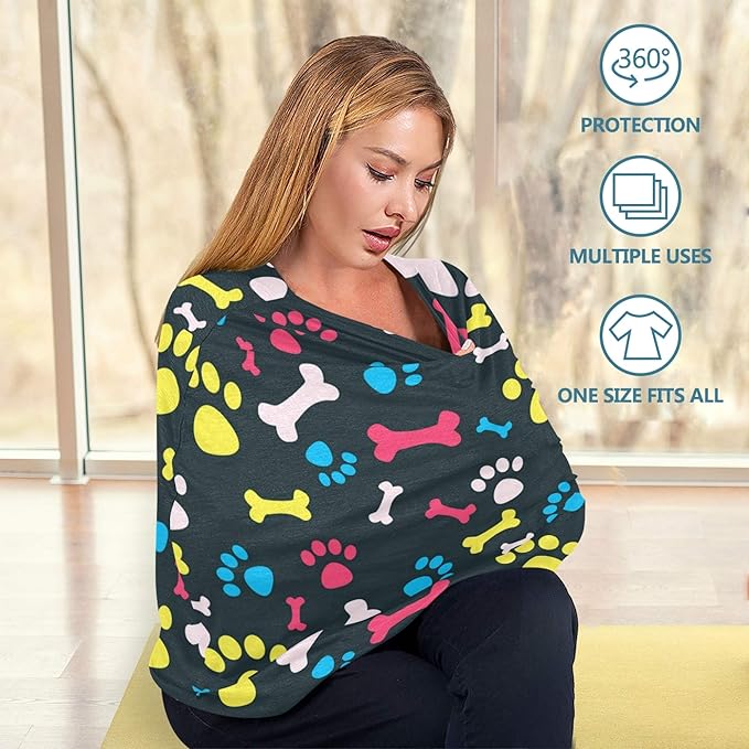 Colorful Dog Paw Print Bone Pet Animal Design Stretchy Baby Car Seat Cover Infant Canopy Nursing Covers Breastfeeding Cover Breathable Windproof Winter Scarf for Boys Girls