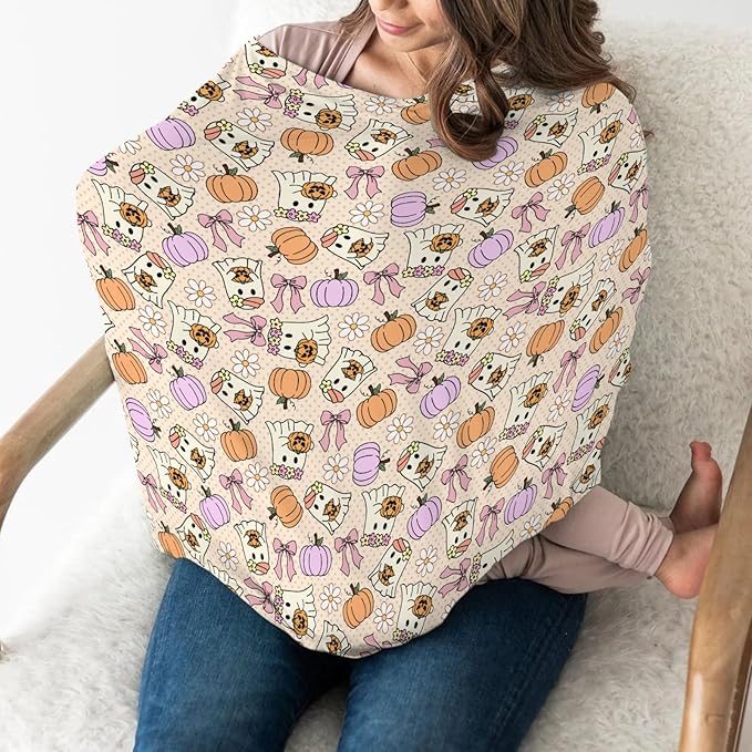 Cute Pumpkins Bows Flowers Baby Car Seat Covers Spooky Halloween Stretchy 5-in-1 Cover Adjustable Car Canopy Breastfeeding Cover Fall Autumn Floral Breathable Nursing Cover-Up