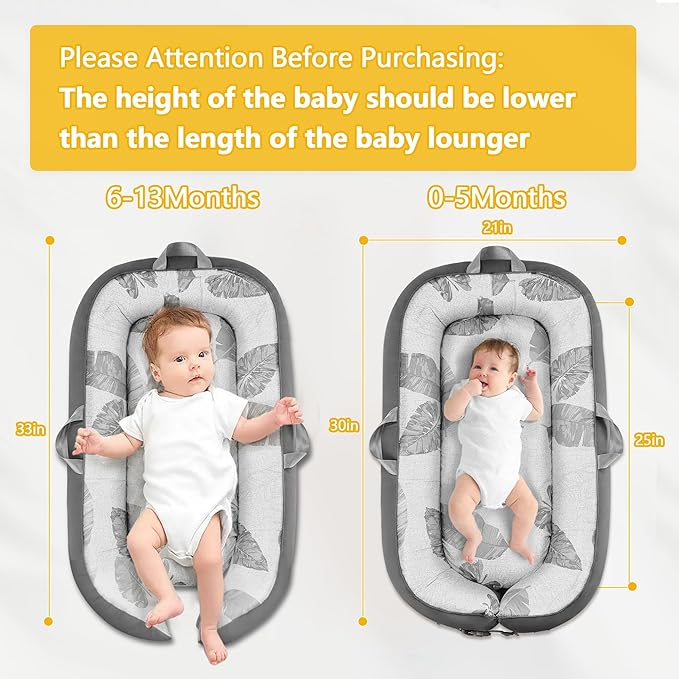 Portable Baby Lounger for Travel,Breathable & Comfortable 100% Cotton Infant Lounger, Baby Nest 0-24 Months Machine-Washable Newborn Lounger Newborn Essentials,Supervised Use