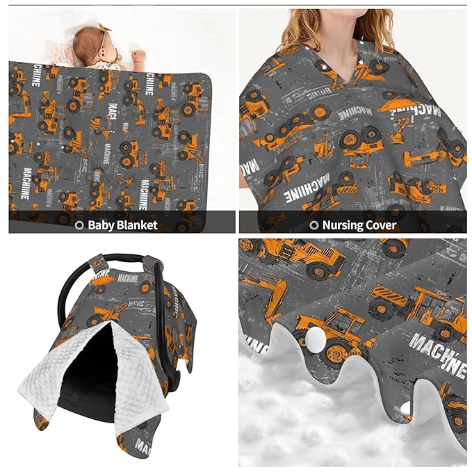 KiuLoam Cartoon Style Construction Machines Baby Car Seat Canopy, Nursing Cover for Mom Breastfeeding Scarf, Infant Car Seat Cover/Multiuse Baby Stroller Covers for Babies Boys Girls