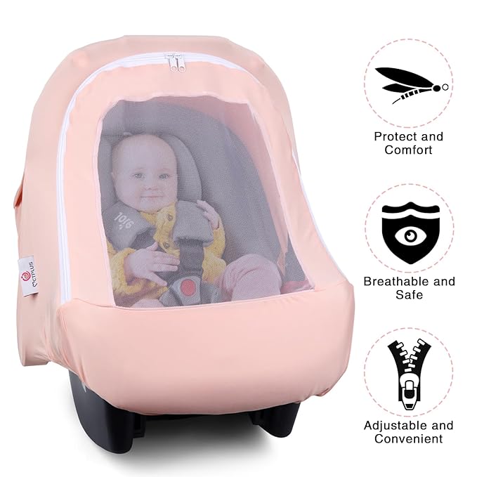 Metplus Car Seat Cover Baby Girl, Breathable Mesh Window Infant Carseat Canopy, Summer Stroller Sunshade Net for Airflow & Privacy, Stretchy Universal Fit (Pink)