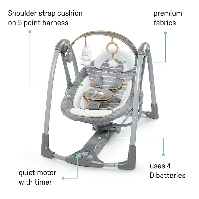 Ingenuity Swing 'n Go Deluxe 5-Speed Baby Swing with Cushioned Harness - Foldable, Portable, 2 Plush Toys & Sounds, 0-9 Months 6-20 lbs (Bella Teddy)