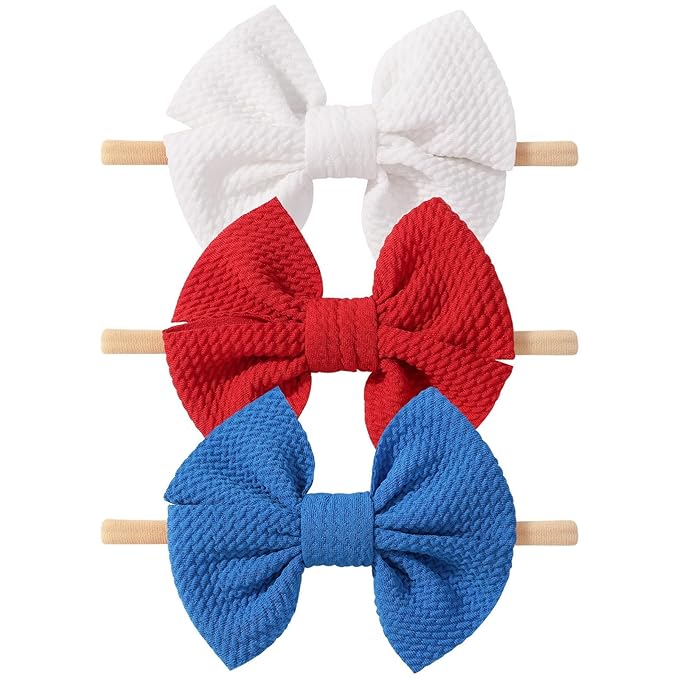 yoyokid 4th of July Headband, 3pcs Baby Girls Hairband Red White and Blue Bows Elastic Hair Bands Patriotic Accessories for Newborn Little Girls Kids Infant
