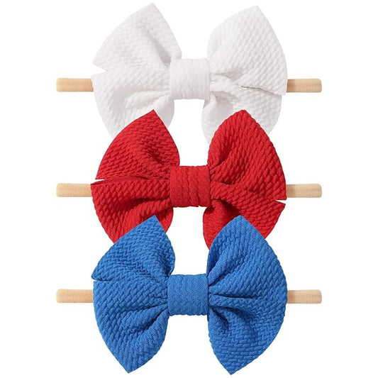 yoyokid 4th of July Headband, 3pcs Baby Girls Hairband Red White and Blue Bows Elastic Hair Bands Patriotic Accessories for Newborn Little Girls Kids Infant