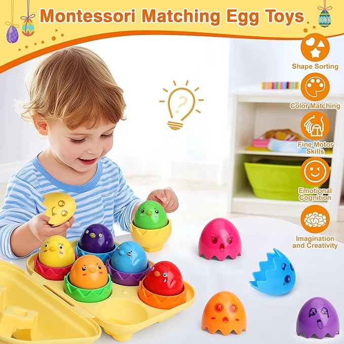 MOONTOY Toddler Toys Matching Egg Set for Toddlers 1-3 Years Learning Montessori Educational Color, Shapes, Sorting Recognition Skills Puzzle Matching Games Easter Basket Stuffers for Baby Boy Girl