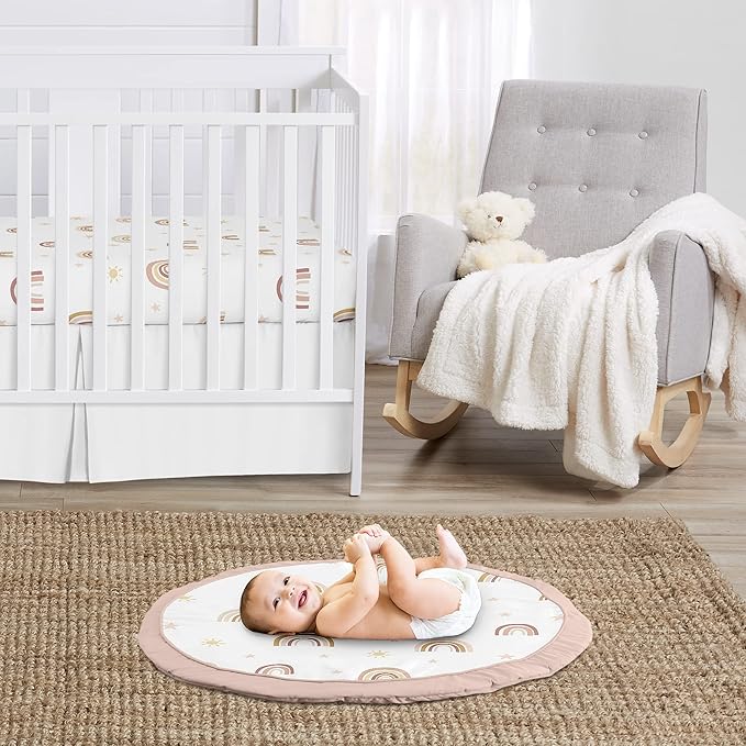 Sweet Jojo Designs Boho Rainbow Girl Baby Playmat Tummy Time Infant Play Mat - Blush Pink Dusty Rose Gold Yellow Mauve Taupe Beige Tan Bohemian Stars Sun Celestial Vintage Sky