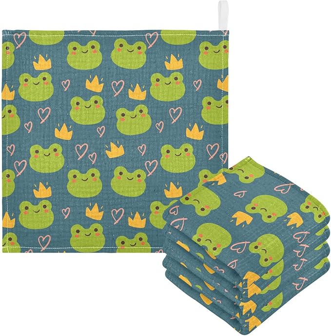 Newborn Face Towel Cute Frog Soft Cotton Baby Washcloths 11.8 x 11.8 Inch Infants Girls Boys Muslin Burp Cloths 5 Pack