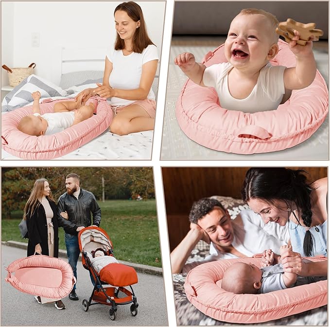 Baby Lounger - Infant Support Cushion for Newborn 0-24 Months, Soft Breathable Cotton Cover, Portable Mat for Trave, Supervised Use, Baby Essentials Gift for Infant Girl (Pink)