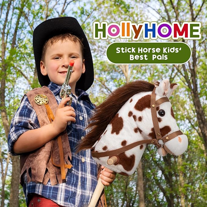 HollyHOME Stick Horse Plush Handcrafted Hobby Horse on a Stick with Wood Wheels Real Pony Neighing and Galloping Sounds for Kids Toddlers Appaloosa 36 Inches (AA Batteries Required)