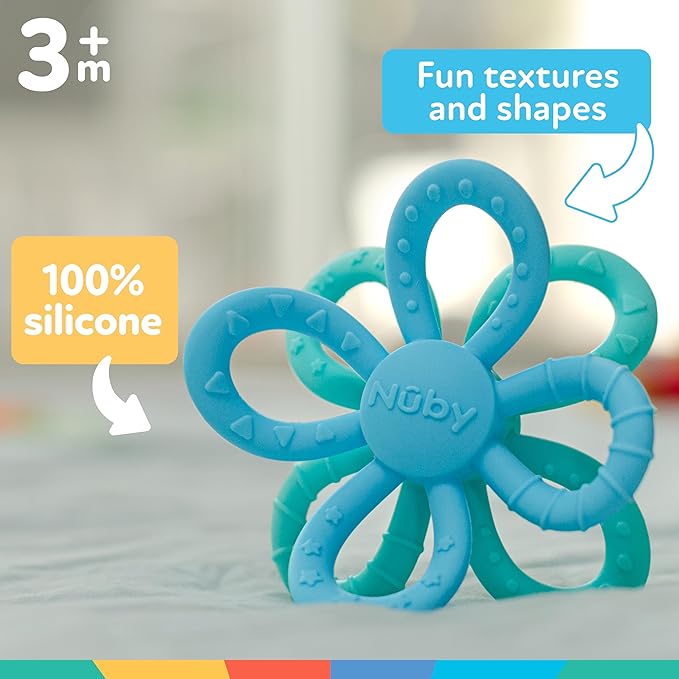 Nuby Fun Loops Teether - Flower-Shaped Infant Teething Toy for Babies - 3+ Months - Blue and Aqua - Easter Basket Stuffer