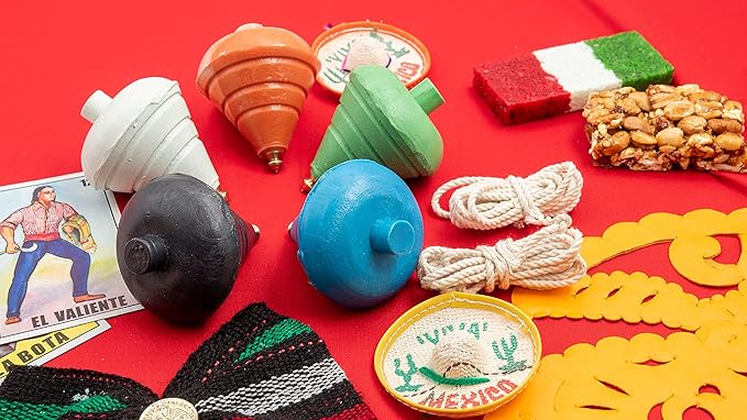 Spinning Top Trompo – 5 -Pack Carved Spinning Tops – Sturdy Steel Point for Enhanced Stability – Exquisite Craftsmanship – Ideal for Beginners and Intermediates – Trompos de Mexico (Colors May Vary).
