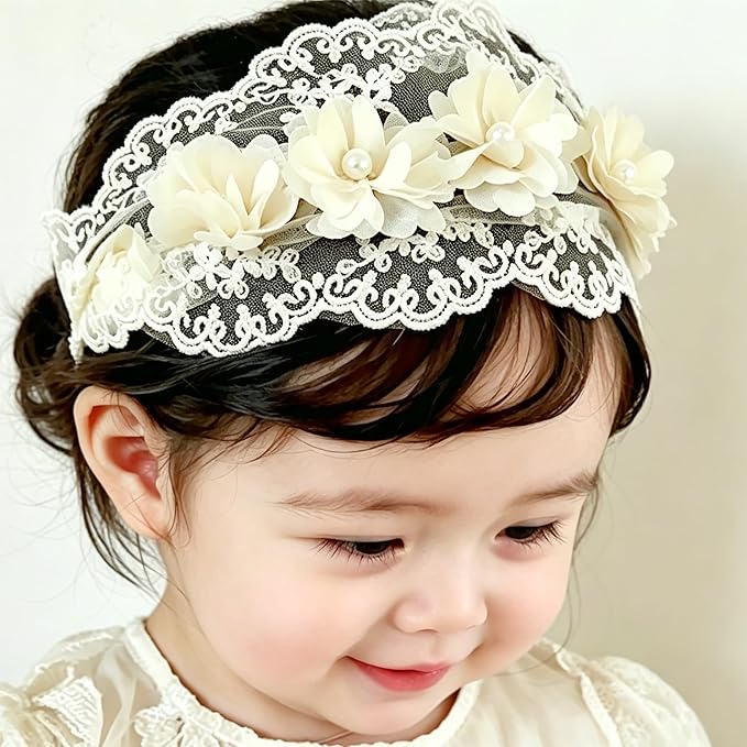 Baby Girls Hairband Soft White Bow Lace Headband Elastic Floral Hairbands Hair Accessory for Newborn Infant Toddler