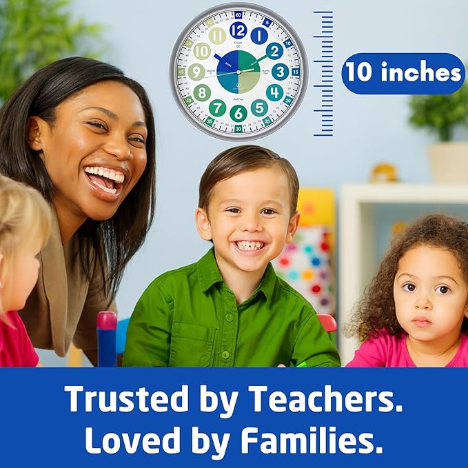 OWLCONIC Clock for Kids – Educational Analog Learning Wall Clock, Non Ticking Teaching Clock for Classroom & Homeschool, Silent Kids Bedroom Décor Blue Green