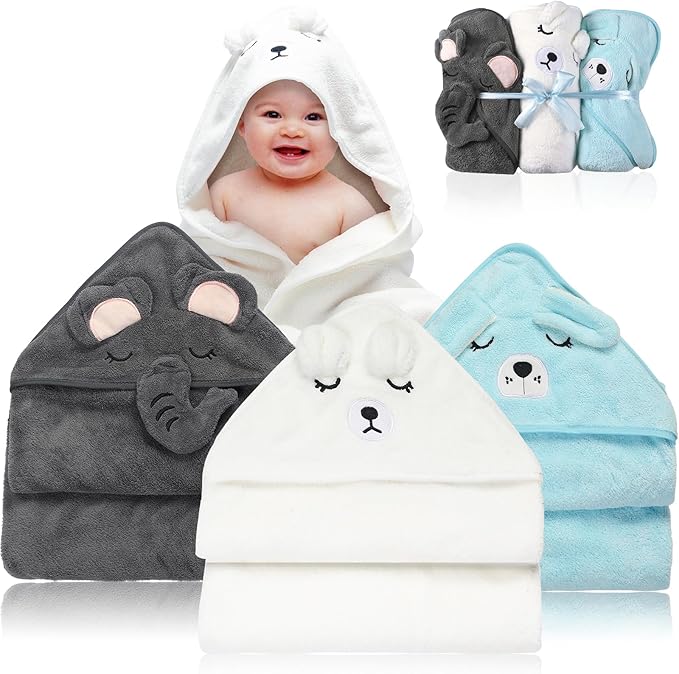 VZZNN 3 Pack Baby Towels Hooded - Ultra Soft Baby Bath Towels, Newborn Baby Essentials, Premium Absorbentand Hypoallergenic Towels for Toddler Baby Boy and Girl (White, Blue, Gray)