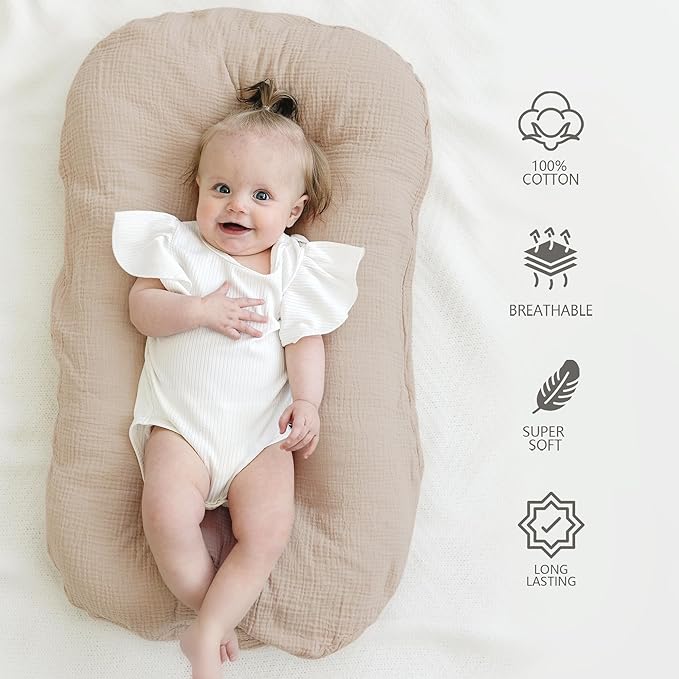 MairMore Muslin Baby Cover for Newborn, Soft and Breathable 100% Cotton Lounger Slipcover Neutral, Pack of 2(Clay)