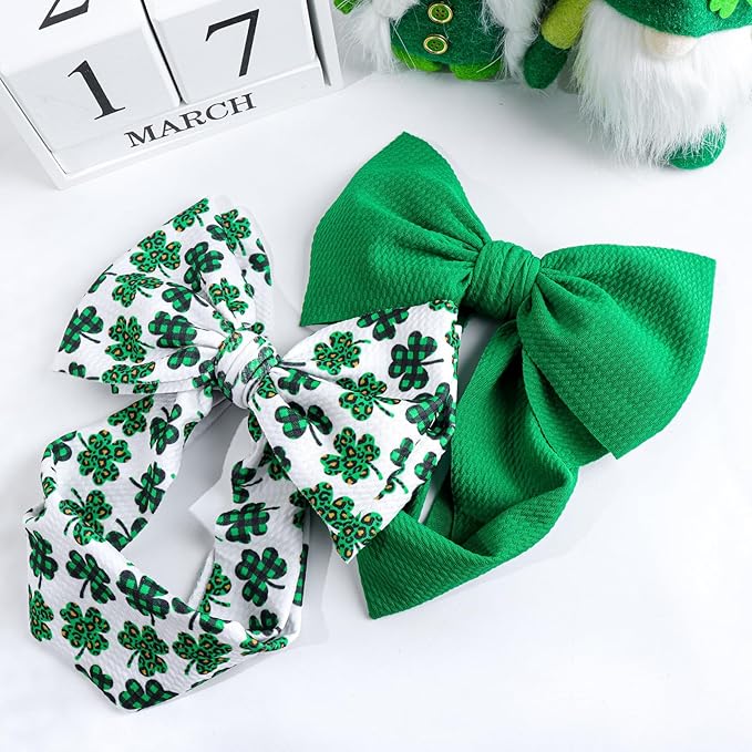 St. Patrick's Day 7 Baby Girl Nylon Hair Accessories: Clover Printed Elastics Bows Headbands for Newborn, Infant, Toddler (Green, 2Pcs)