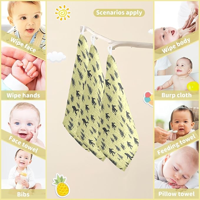 Newborn Face Towel Bigfoot Soft Cotton Baby Washcloths 11.8 x 11.8 Inch Infants Girls Boys Muslin Burp Cloths 5 Pack