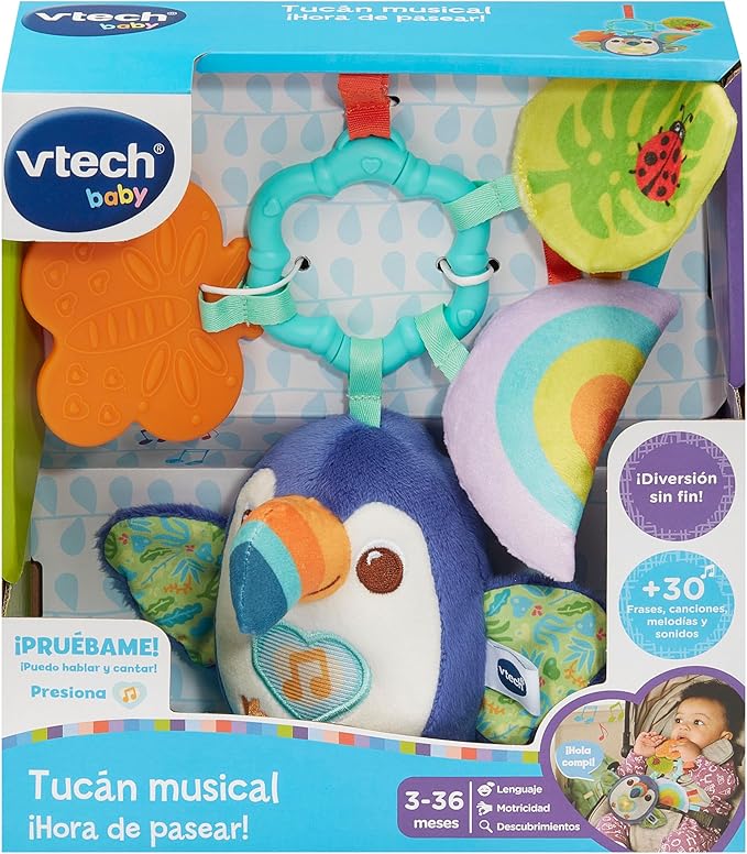 VTech - Baby Toucan Musical Walking Time Toy for Baby Strollers from 3 Months, Soft Plush Toucan Wakes Up The Senses, ESP Version