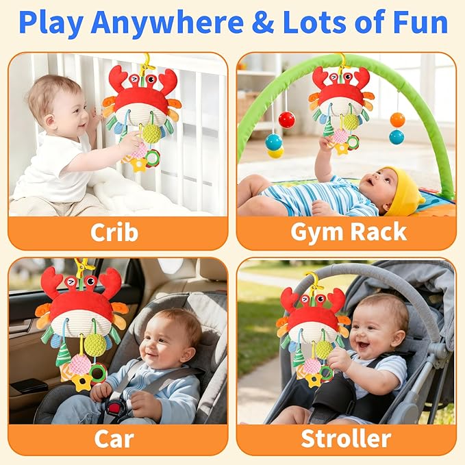Ivrmtal Car Seat Toys for Babies, Crab Baby Toys 0-6 Months Infant Carseat Hanging Stroller Accessories Sensory Newborn Easter Gift 1 2 3 4 5 6 Month Old Boy Essentials Stuff with Clip, Rattle, Mirror