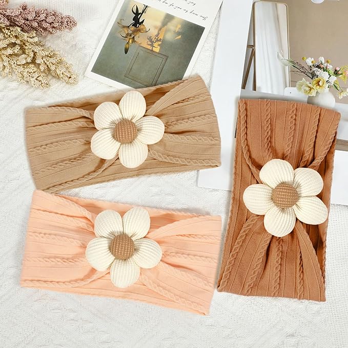 MIUXUESO 3 Pcs Baby Flower Headbands Baby Girls Nylon Headband Soft Hairbands Hair Accessories for Newborn Infant Toddler Kids (Beige Orange Brown)