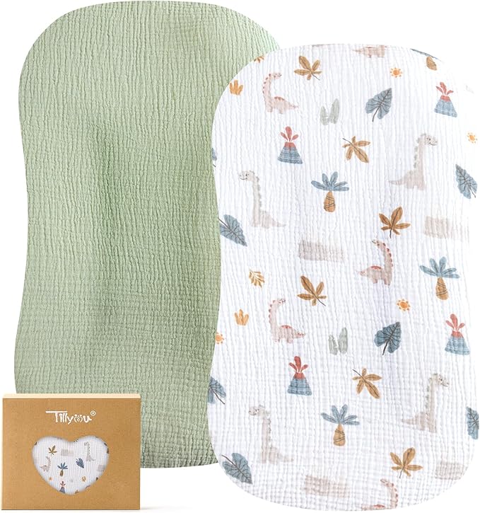 TILLYOU Muslin Baby Lounger Cover, 100% Cotton Newborn Lounger Cover, 2 Pack Baby Nest Slipcover for Boys Girls, Cover Only, Dinosaur