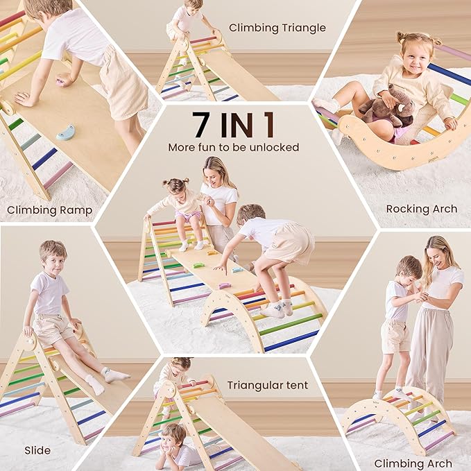 Belleur Pikler Triangle Set, 7-in-1 Foldable Climbing Toys for Toddlers 1-6 Years Old, Wooden Montessori Climbing Set with Arch, Ramp & Ladder, Baby Indoor Climber Jungle Gyms - Rainbow