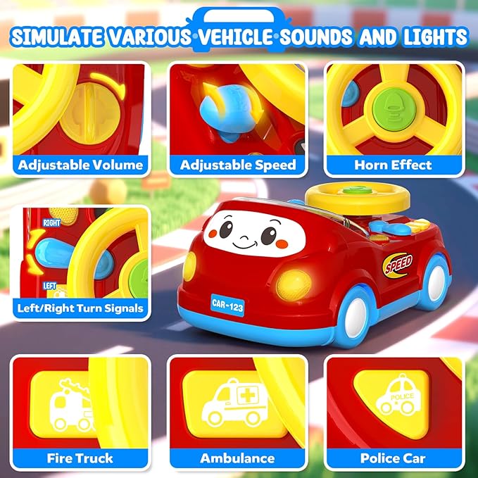 Toys for 1 Year Old Boy Gifts - 2-in-1 Toddler Push Car & Musical Racing Adventure Steering Wheel Driving Game, Interactive Simulated Driving Car for Baby 12-18 Months, Birthday Gift Ages 1-2,Dark Red