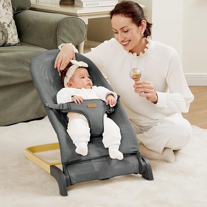 Foldable Baby Bouncer, 3-Height Adjustable, Portable Newborn Rocker, Ergonomic Bouncer Seat for 0-6 Months, Breathable Mesh (Grey)