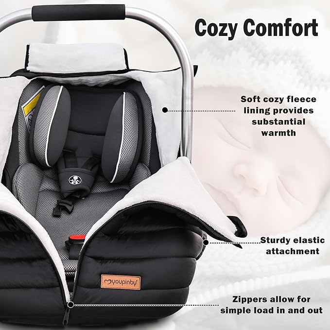 Winter Baby Car Seat Cover, Infant Carseat Canopy for Boys Girls, Cold Weather Warm Car Seat Covers for Babies, Keeps Babies Warm and Cozy, Rain & Snow Repellent, Waterproof, Newborn Essentials,Black