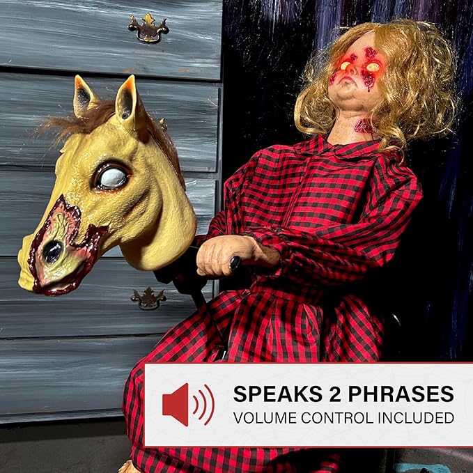 Haunted Hill Farm 3.2-Ft Animatronic Rocking Horse Girl, Halloween Animatronic, Creepy Gothic Horror Movie Décor, Scary Macabre Party Decoration with Voice & Sound-Activated Lights & Sound, Life-Size