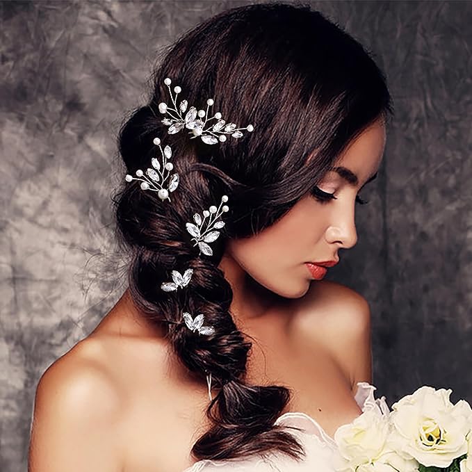 Oriamour Bridal Hair Pins 6 Pcs Rhinestone Wedding Hair Accessories Pearl Crystal Bobby Bridal Hair Clips Jewelry Bridal Hair Accessories for Brides Bridesmaids Flower Women Girls (Silver, 3.5'')