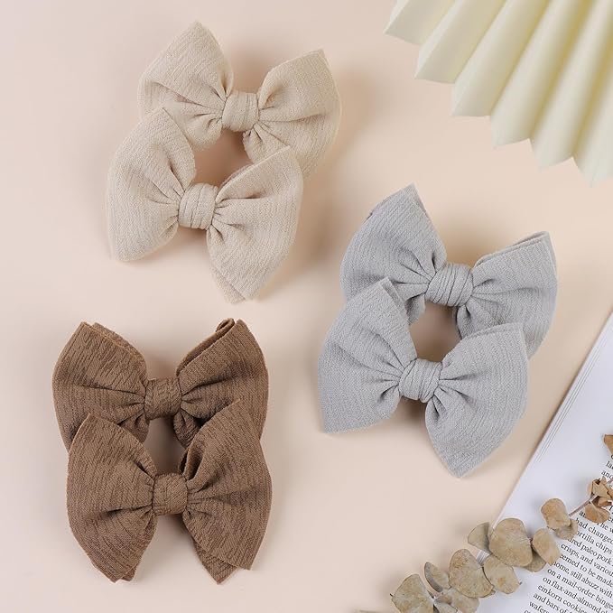 Baby Girls Hair 3'' Bows Clips Set Handmade Bow Hair Clips Hair Accessories Alligator Clip for Babies Infant Toddlers Little Kids 6 PCS Khaki Gray Beige