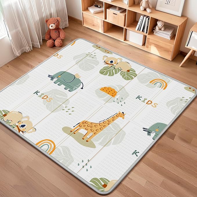 Foldable Baby Play Mat, PIGLOG 50x50 Playpen Mat, Waterproof Playmats for Babies and Toddlers Kids, Safe Foam Playmat for Tummy Time, Reversible Portable Baby Floor Mat for Infant, Giraffe + Elephant