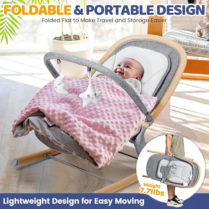 Orzbow Baby Rocker Chair & Infant to Toddler Rocker with 3 Recline Positions, Includes Removable Play Bar & Mesh Cushion, Detachable and Foldable, Fits Newborn 0-30 Months Up to 40 lbs, Wood Grain