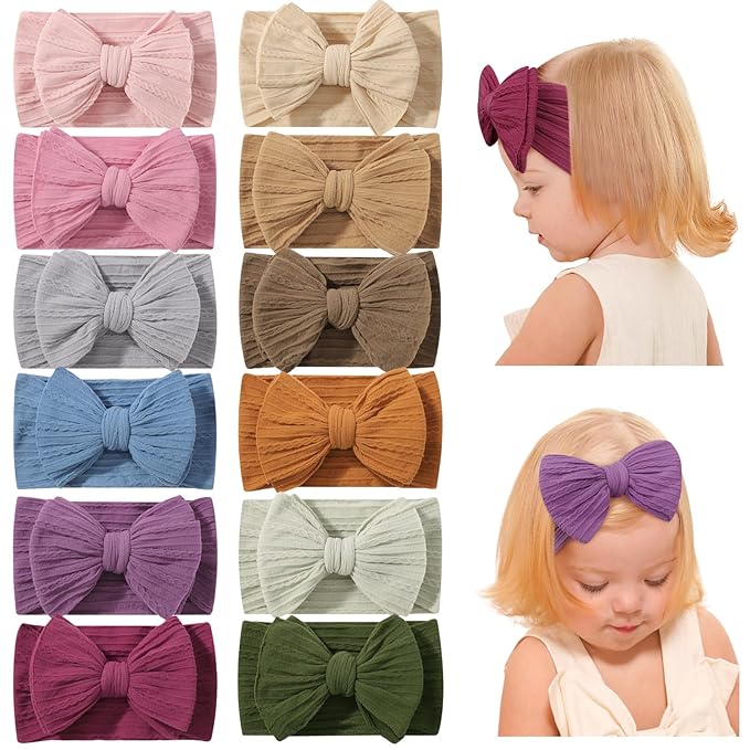 jollybows 12 PCS Baby Nylon Headbands Handmade Wide Baby Girl Bows Headbands Elastics HairBands Hair Accessories for Newborn Infants Toddlers Kids